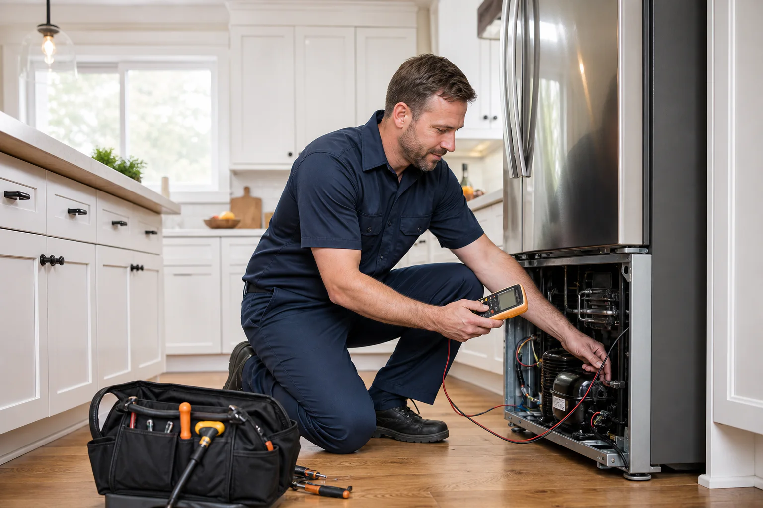 Appliance repair technician diagnosing a refrigerator in a home kitchen